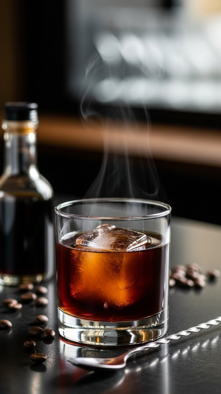 Dark elegant Black Russian cocktail in rocks glass with large clear ice cube showing rich deep brown color
