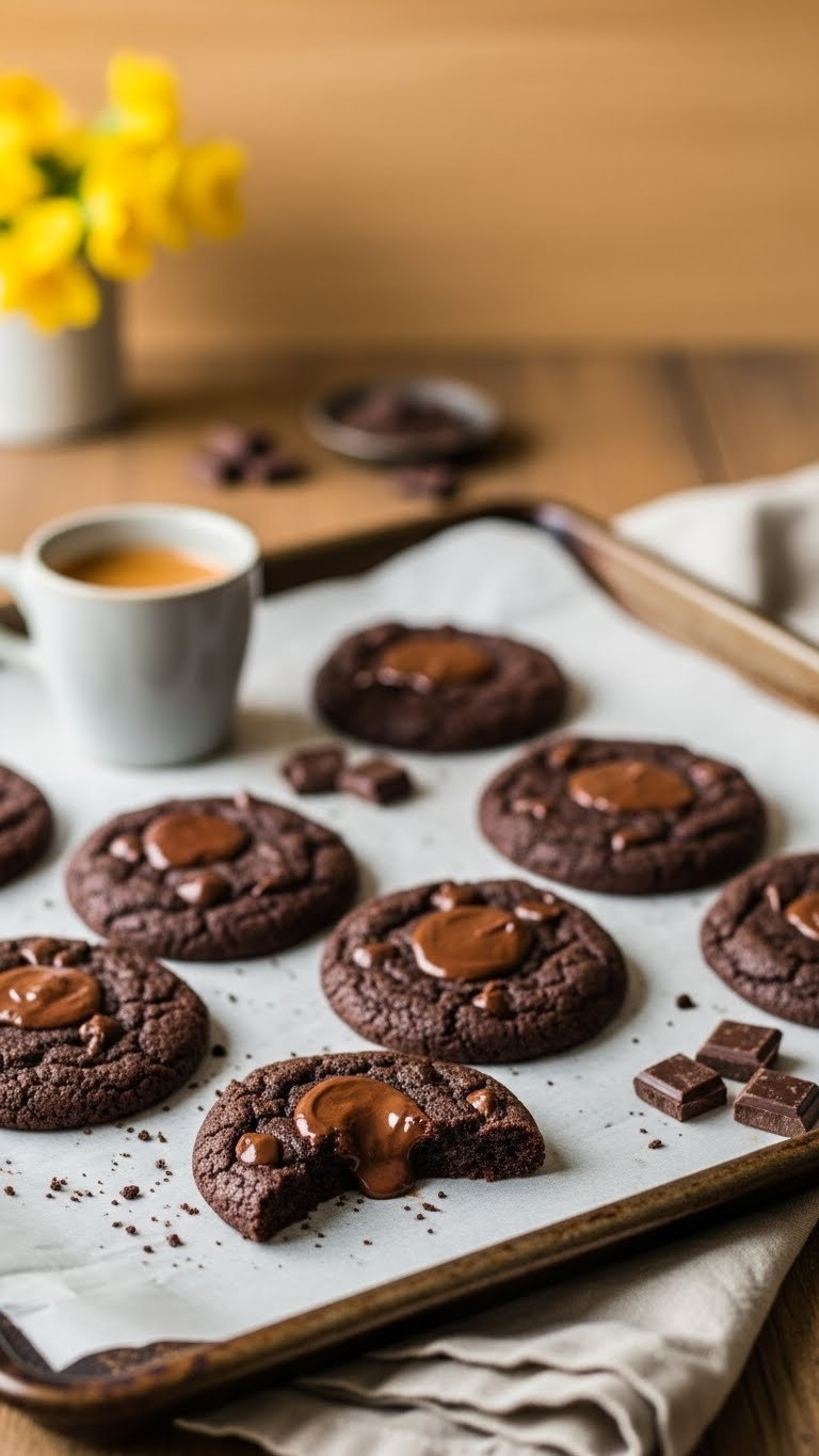 Dark espresso chocolate chip cookies with melty chocolate and crisp edges on a parchment baking sheet with an espresso cup.