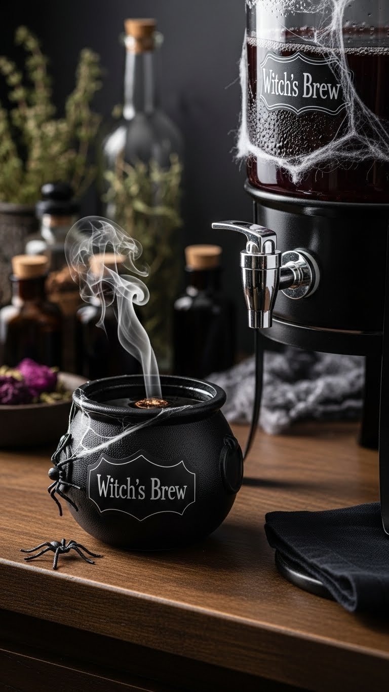 Dark fabric backdrop with faux spider webs and artificial crows framing Halloween coffee bar