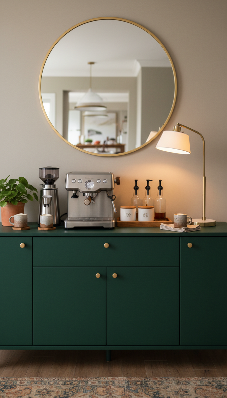 Dark green buffet cabinet coffee bar with coffee maker, grinder, and round mirror