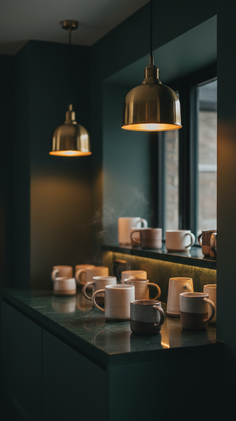 Dark green coffee bar with elegant brass pendant lights illuminating artisanal ceramic mugs