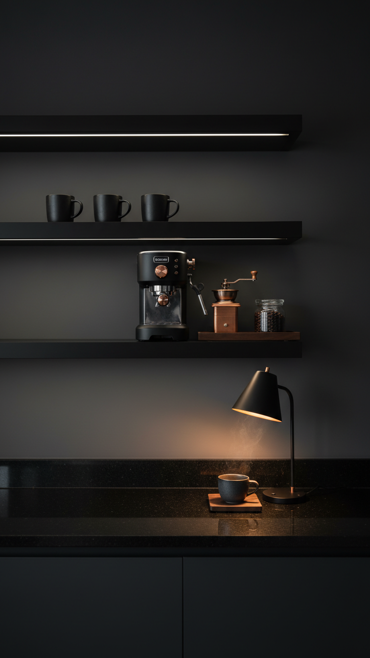Dark moody coffee bar with matte black floating shelves on charcoal wall featuring black espresso machine and copper accents