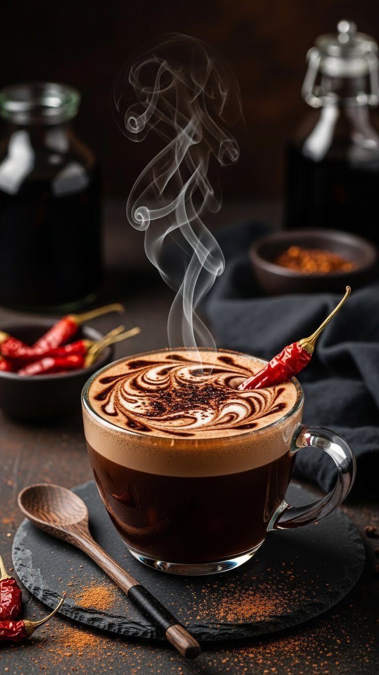 Dark smoked chili mocha syrup swirls dramatically in a velvety mocha with cocoa powder and a red chili on a slate surface.
