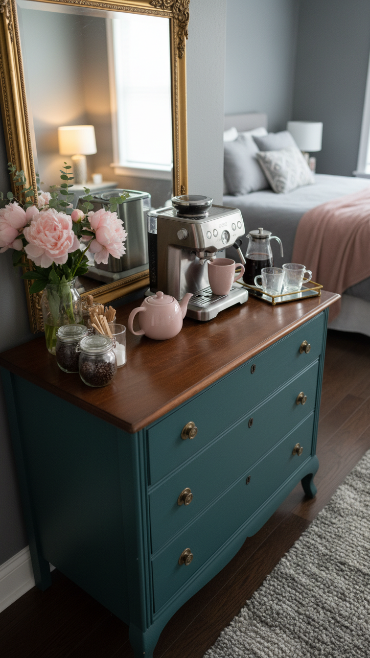 Dark teal vintage dresser coffee station with gold-framed mirror and espresso machine on dark hardwood floor