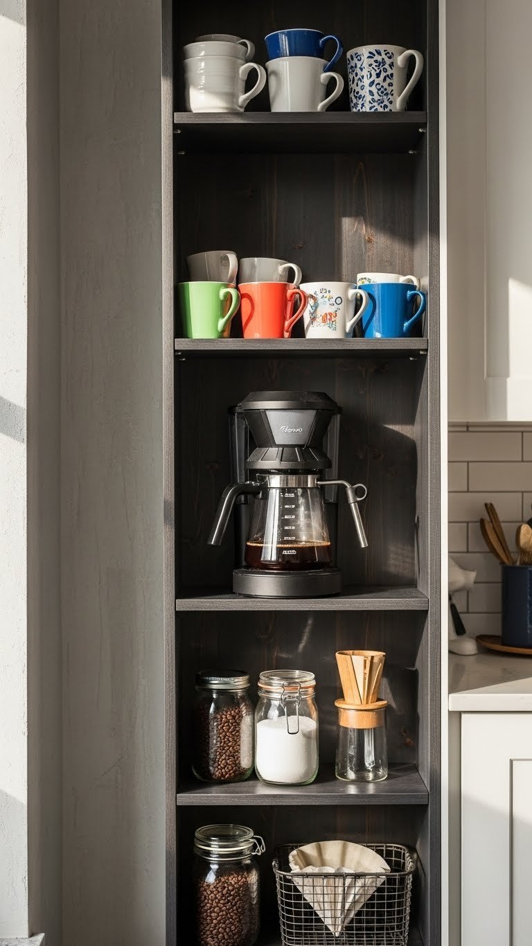 Dark wood bookshelf coffee station with drip machine, colorful mugs, and glass jars in warm golden hour lighting
