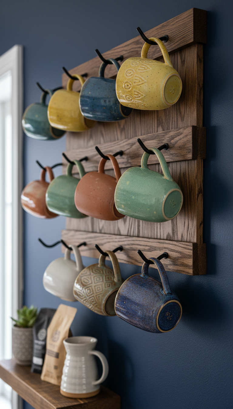 Dark wood mug rack with colorful ceramic coffee mugs displayed on navy blue wall
