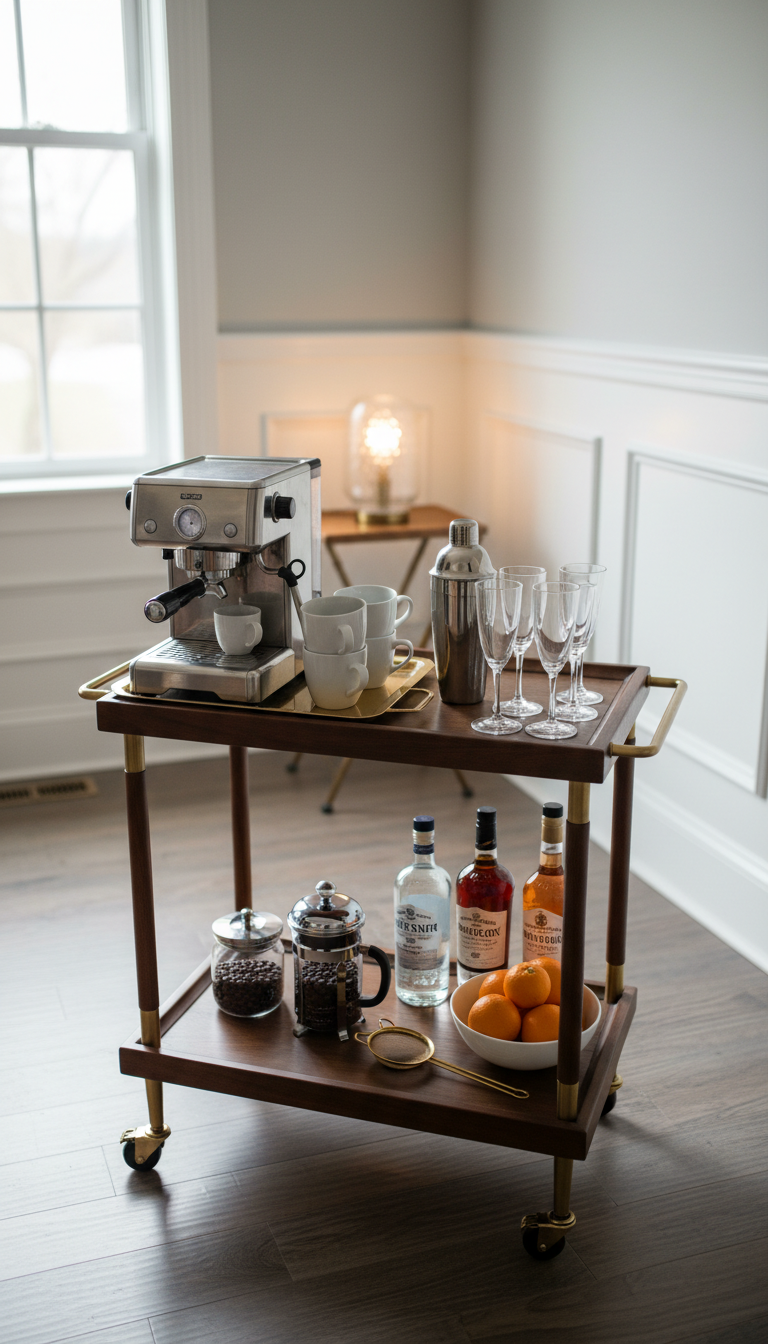 Day-to-night coffee and cocktail cart with dual zones for coffee machine and cocktail shaker in dining room.