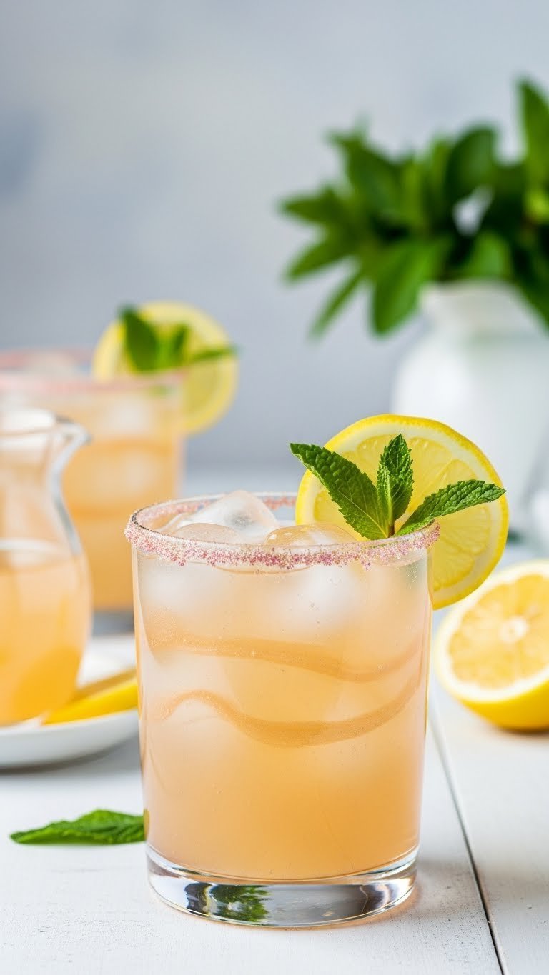 Dazzling shimmer unicorn lemonade with edible shimmer dust, lemon slice, and fresh mint garnish.