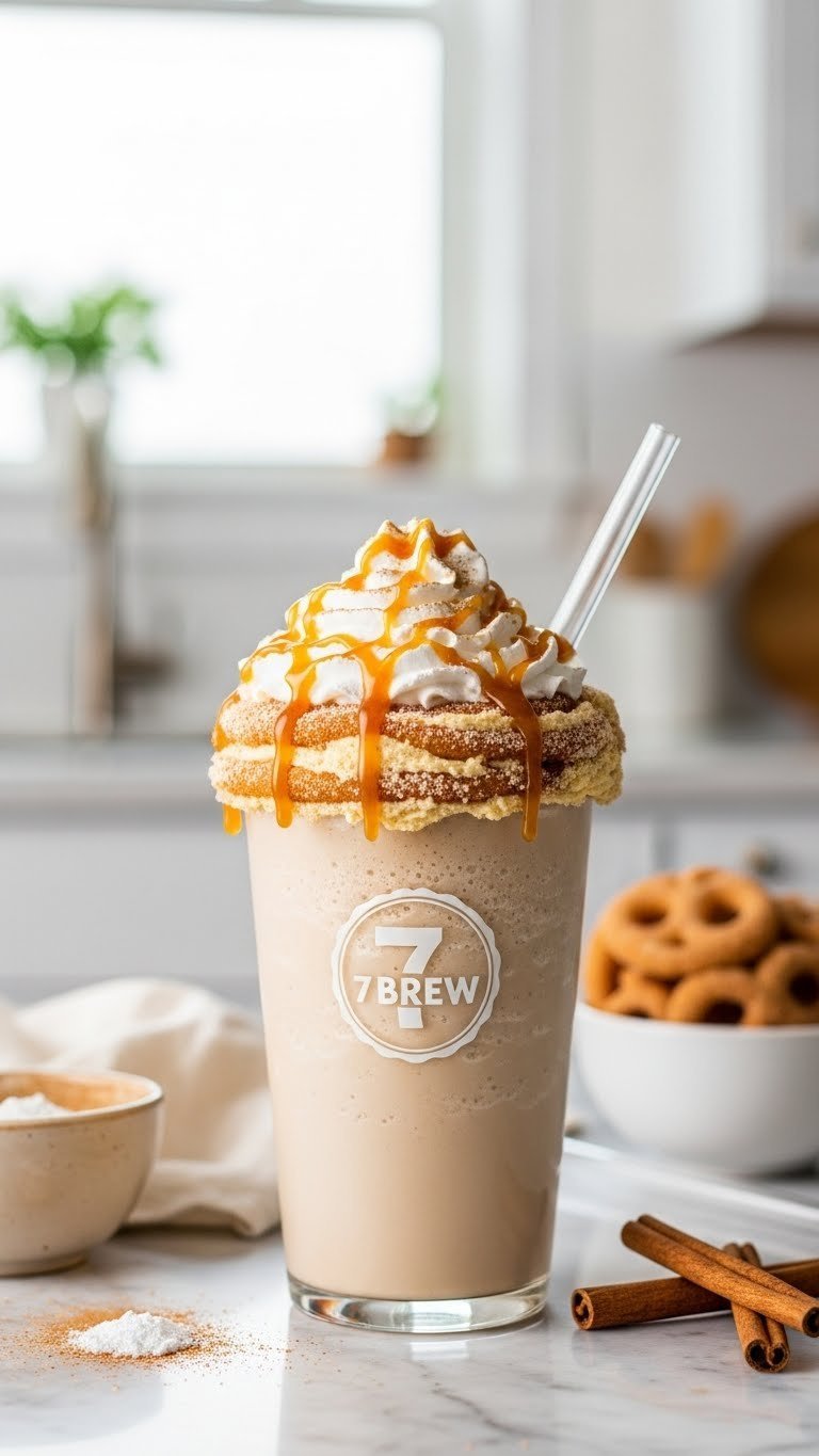 Decadent Funnel Cake Chiller with whipped cream and caramel drizzle on marble countertop