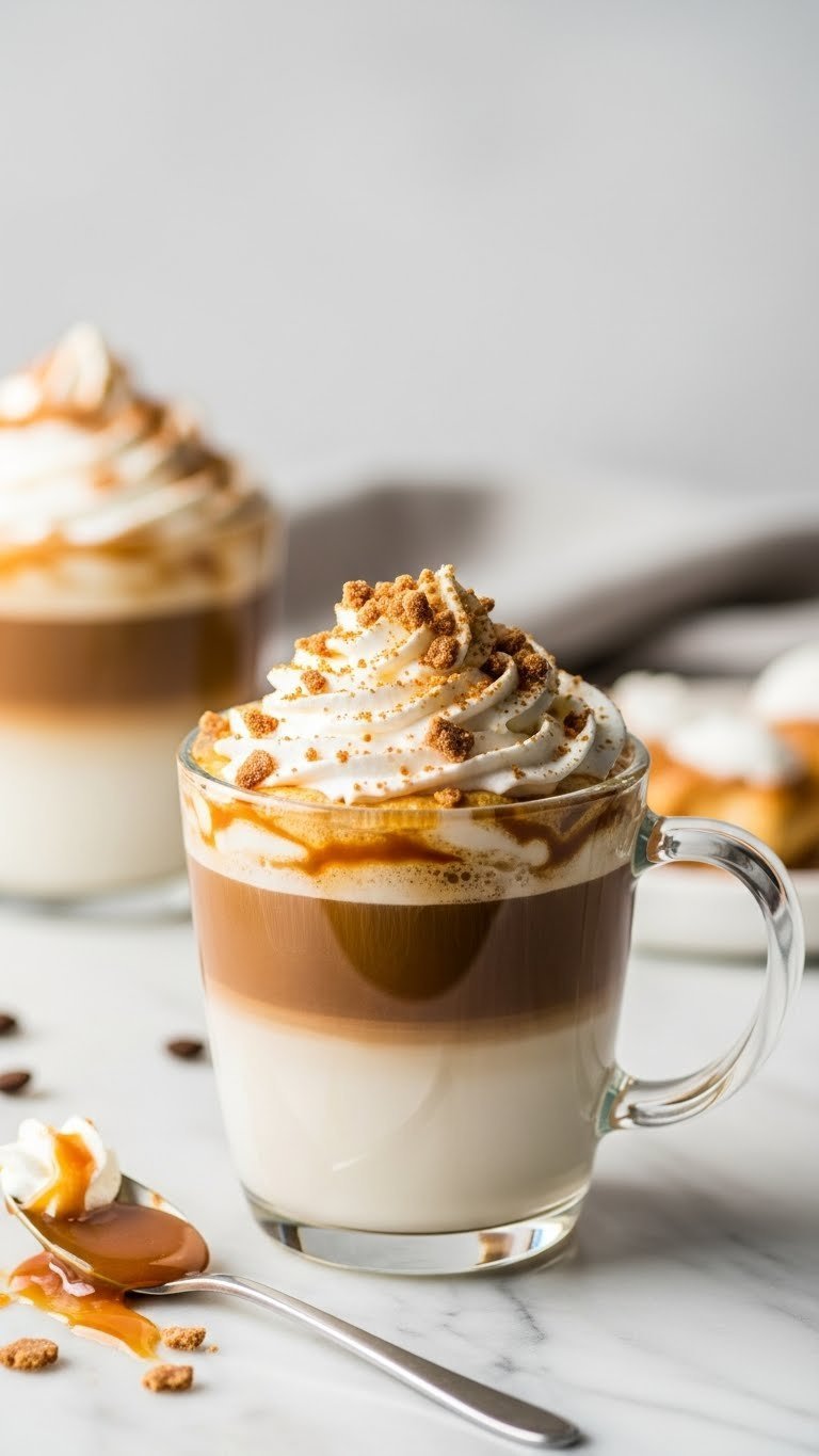 Decadent caramel brulee latte in clear glass mug with whipped cream and crunchy caramel pieces on polished marble surface