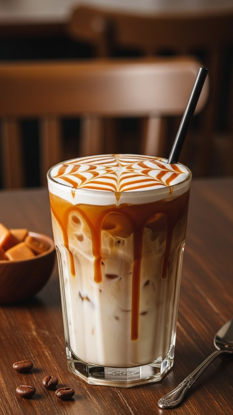 Decadent caramel macchiato iced coffee with caramel sauce drizzle on dark wooden table.