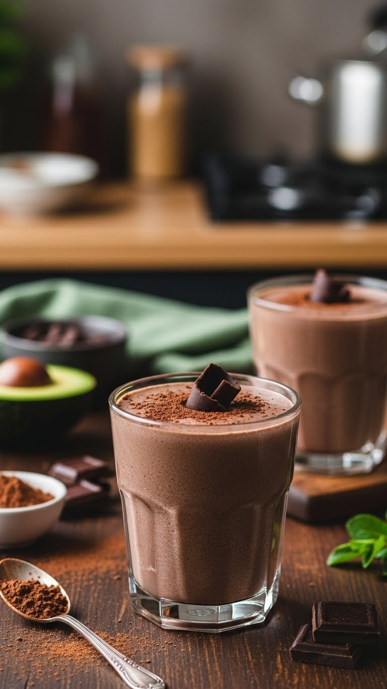 Decadent chocolate avocado smoothie dusted with cocoa powder and chocolate curl in elegant glass on dark wood