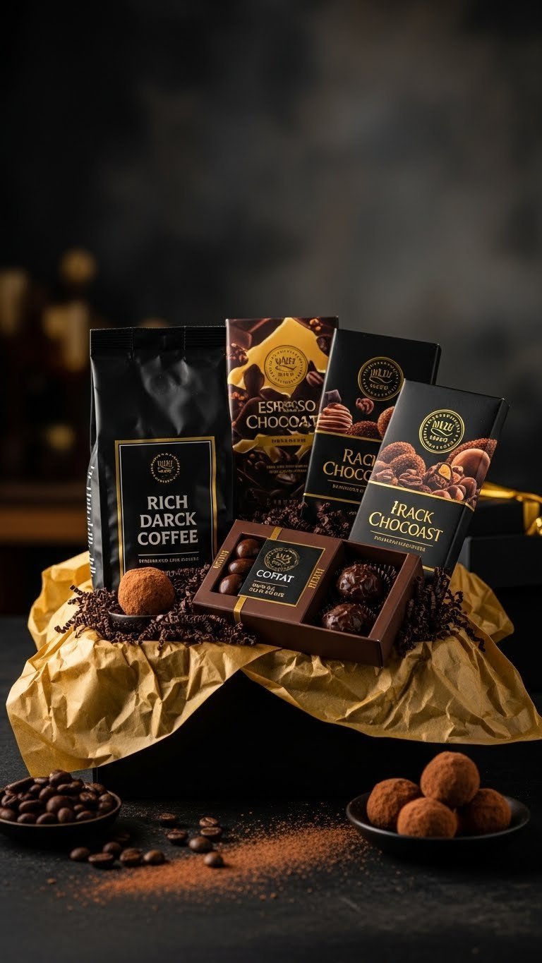 Decadent coffee and chocolate gift basket with dark roast beans and artisanal chocolate bars in gold-lined box