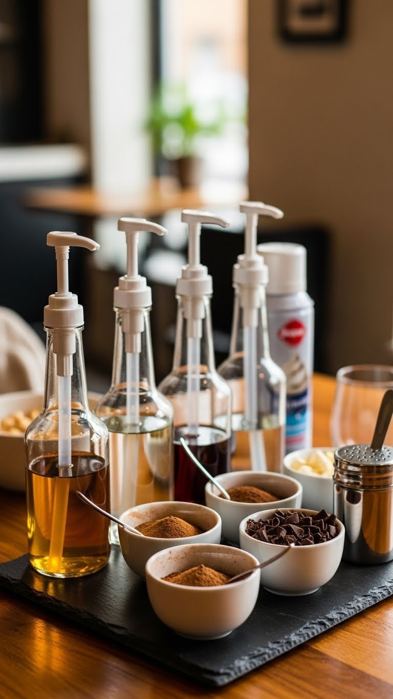 Decadent coffee topping bar with glass syrup bottles, cinnamon bowls, and chocolate shavings on dark slate tray