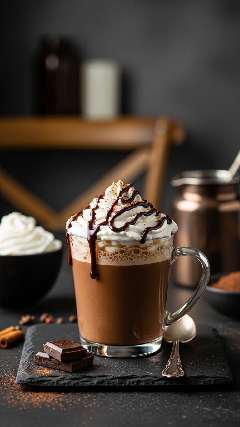 Decadent dark chocolate mocha with whipped cream and cocoa powder in elegant ceramic mug on slate surface