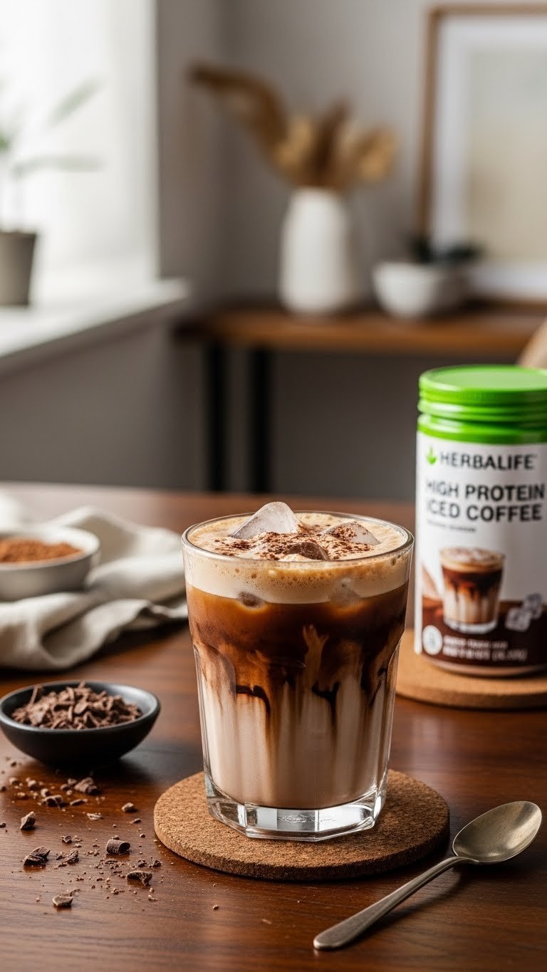 Decadent glass of Herbalife Mocha iced coffee with chocolate swirls and cocoa powder on dark wooden table