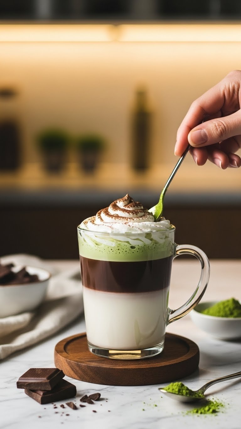 Decadent mocha matcha delight in clear glass mug with chocolate syrup, milk, matcha layers topped with whipped cream