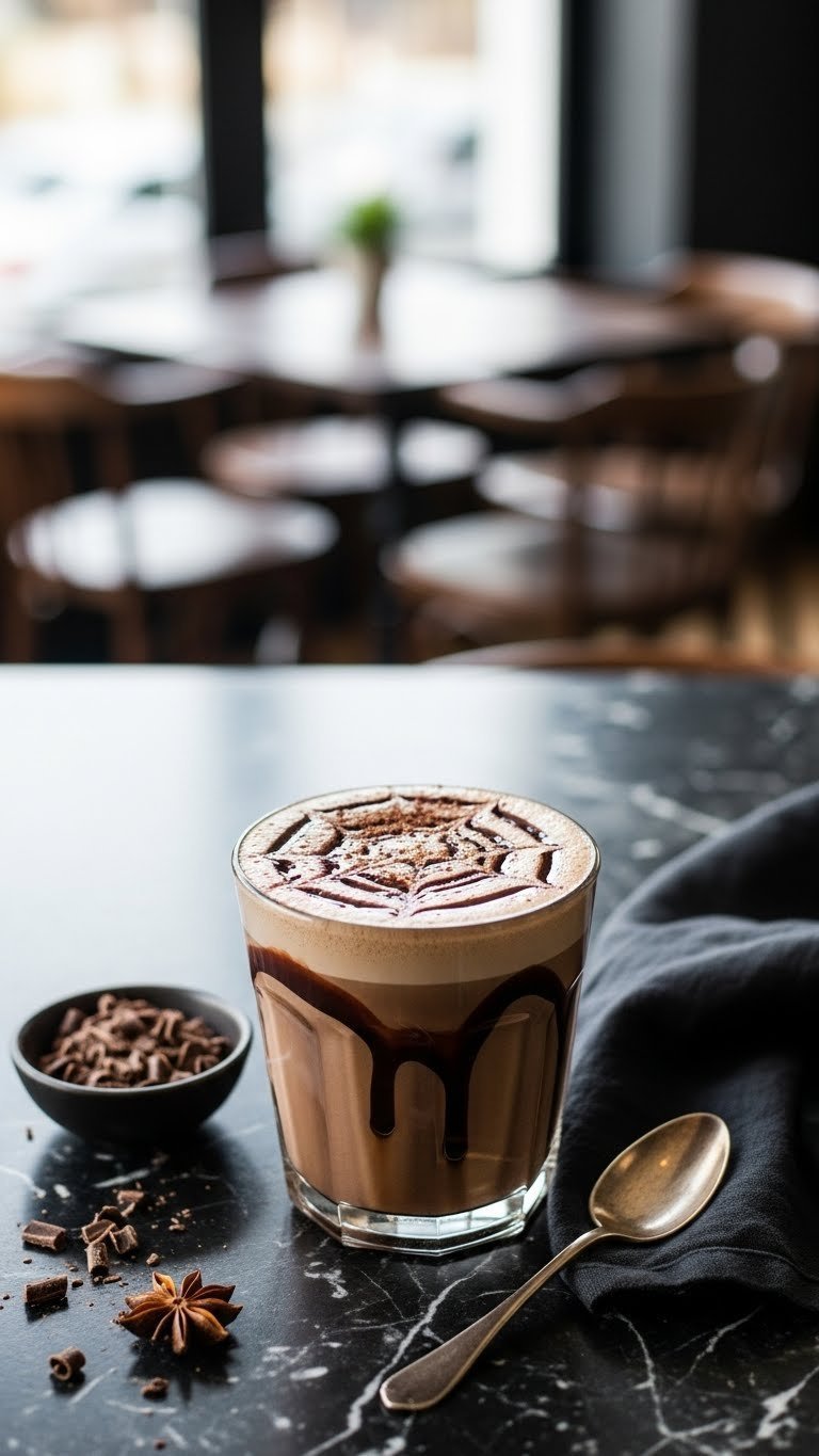 Decadent mocha protein coffee topped with chocolate sauce and cocoa powder on dark marble countertop with chocolate shavings