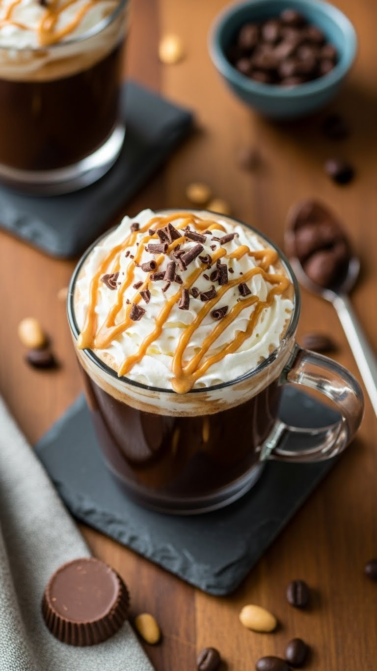 Decadent peanut butter cup cold brew in clear mug with whipped cream peanut butter drizzle chocolate shavings