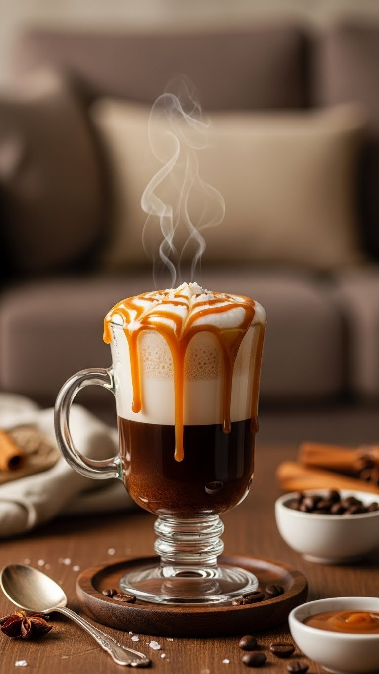 Decadent salted caramel coffee in clear mug with frothy milk and caramel drizzle