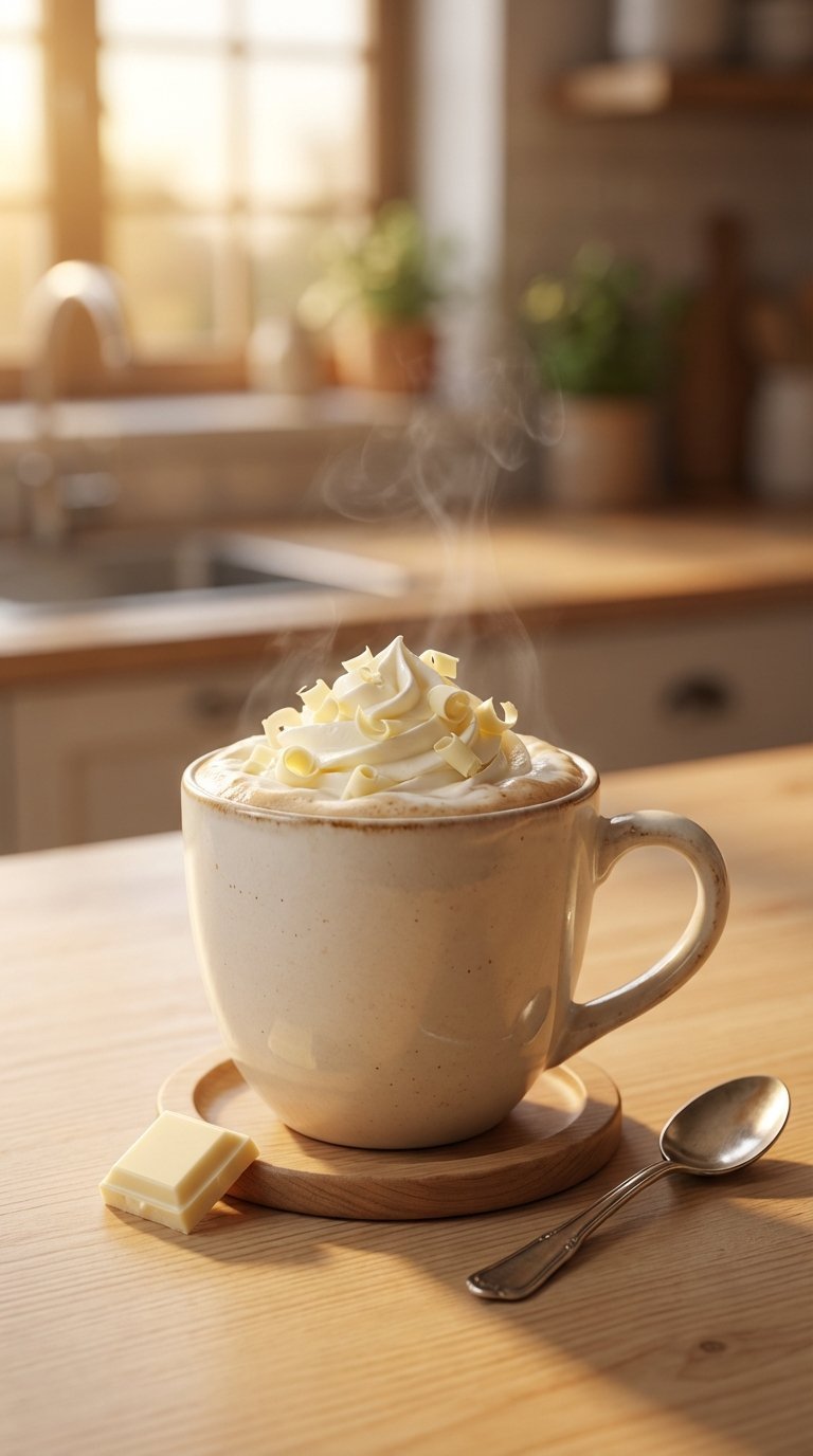 Decadent white chocolate mocha in ceramic mug with whipped cream on wooden coaster with chocolate square.