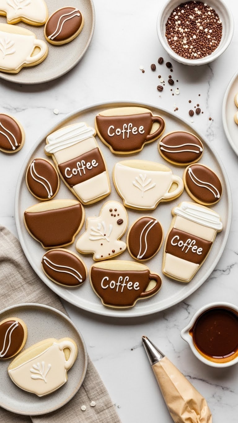 Decorated coffee sugar cookies shaped like cups and beans with coffee icing, arranged on a platter on a marble countertop.