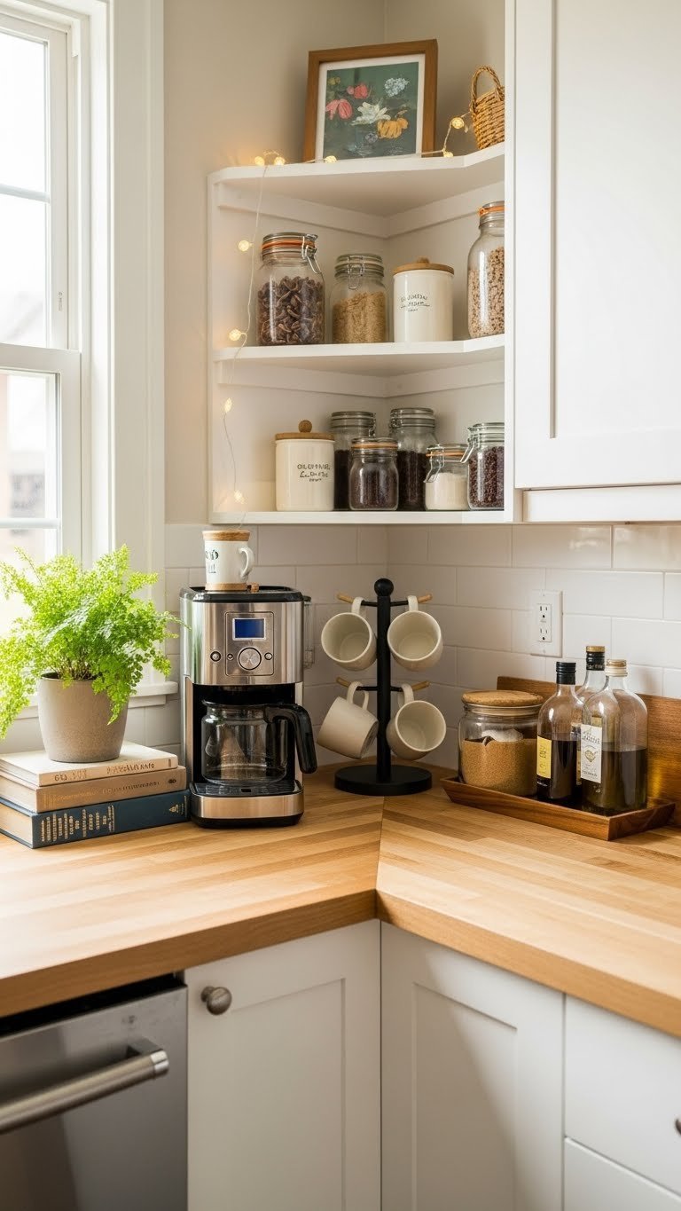 Dedicated corner unit coffee bar with coffee maker, tiered mug rack, and storage jars on countertop