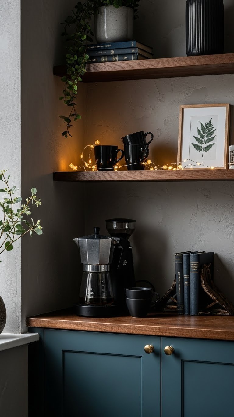 Deep azure corner display coffee bar with layered shelves, dark wooden accents, and sophisticated decor on textured wall