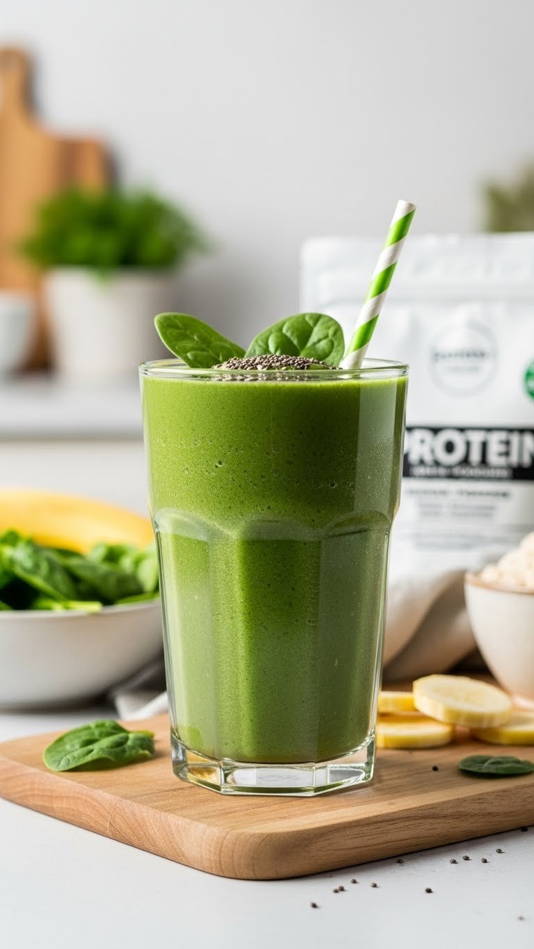 Deep green power smoothie in tall glass garnished with fresh spinach leaves and thick straw for healthy drink