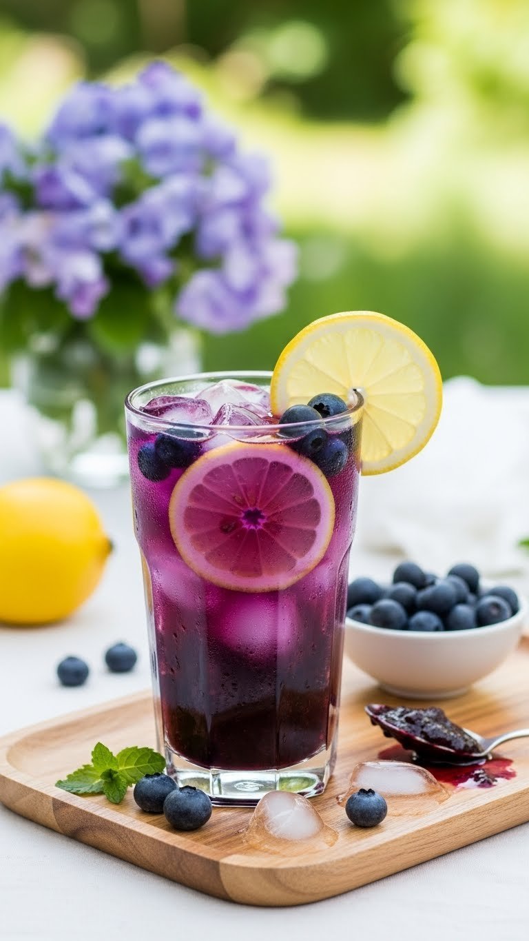 Deep purple-blue blueberry lemonade mocktail in tall clear glass with blueberry puree swirl, fresh blueberries, and crushed ice