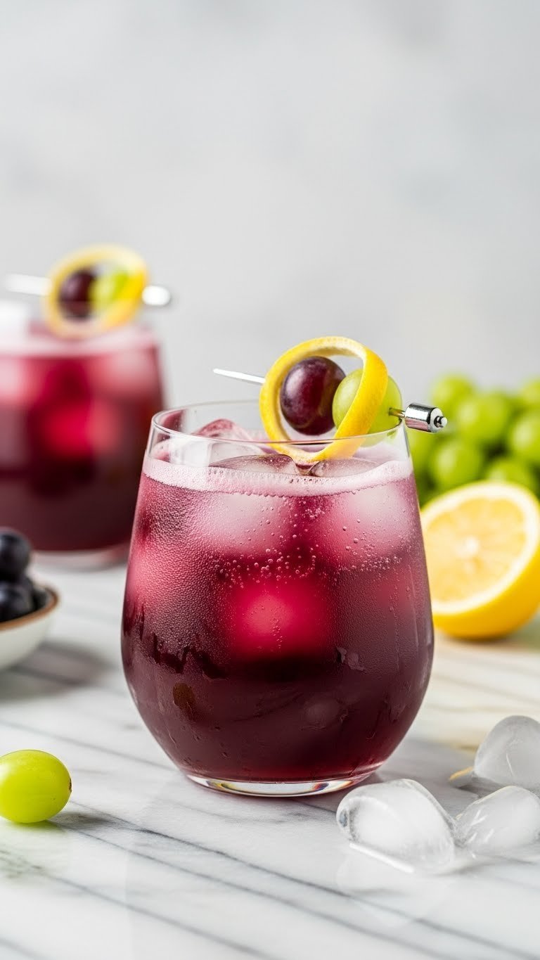 Non-Alcoholic Sprite: 9 Easy Mocktail Ideas for Any Party 9 Deep purple non-alcoholic Grape Citrus Splash in stemless wine glass garnished with green grapes and lemon twist