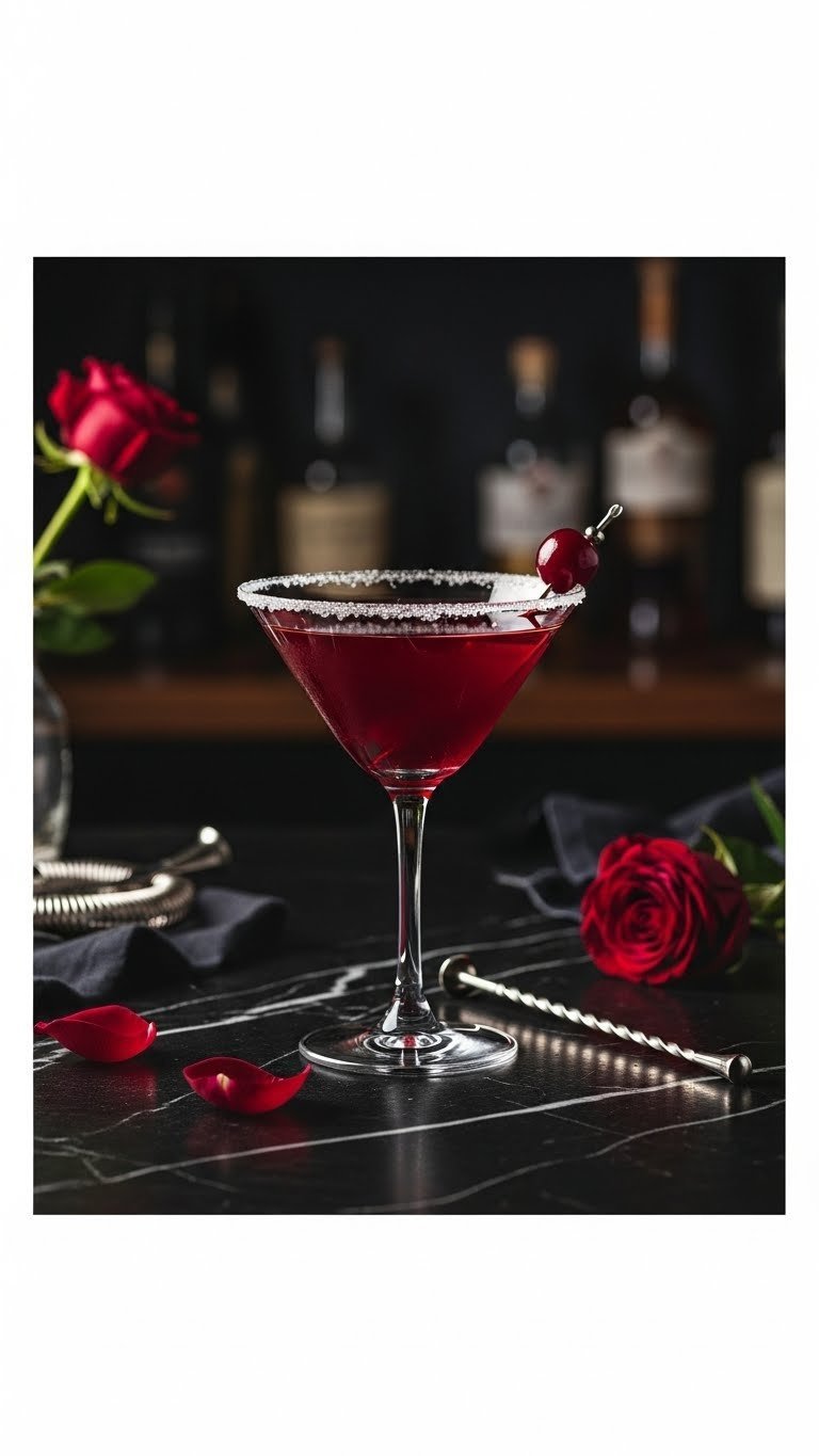Deep red cocktail in elegant martini glass with maraschino cherry and sugar rim on black marble countertop