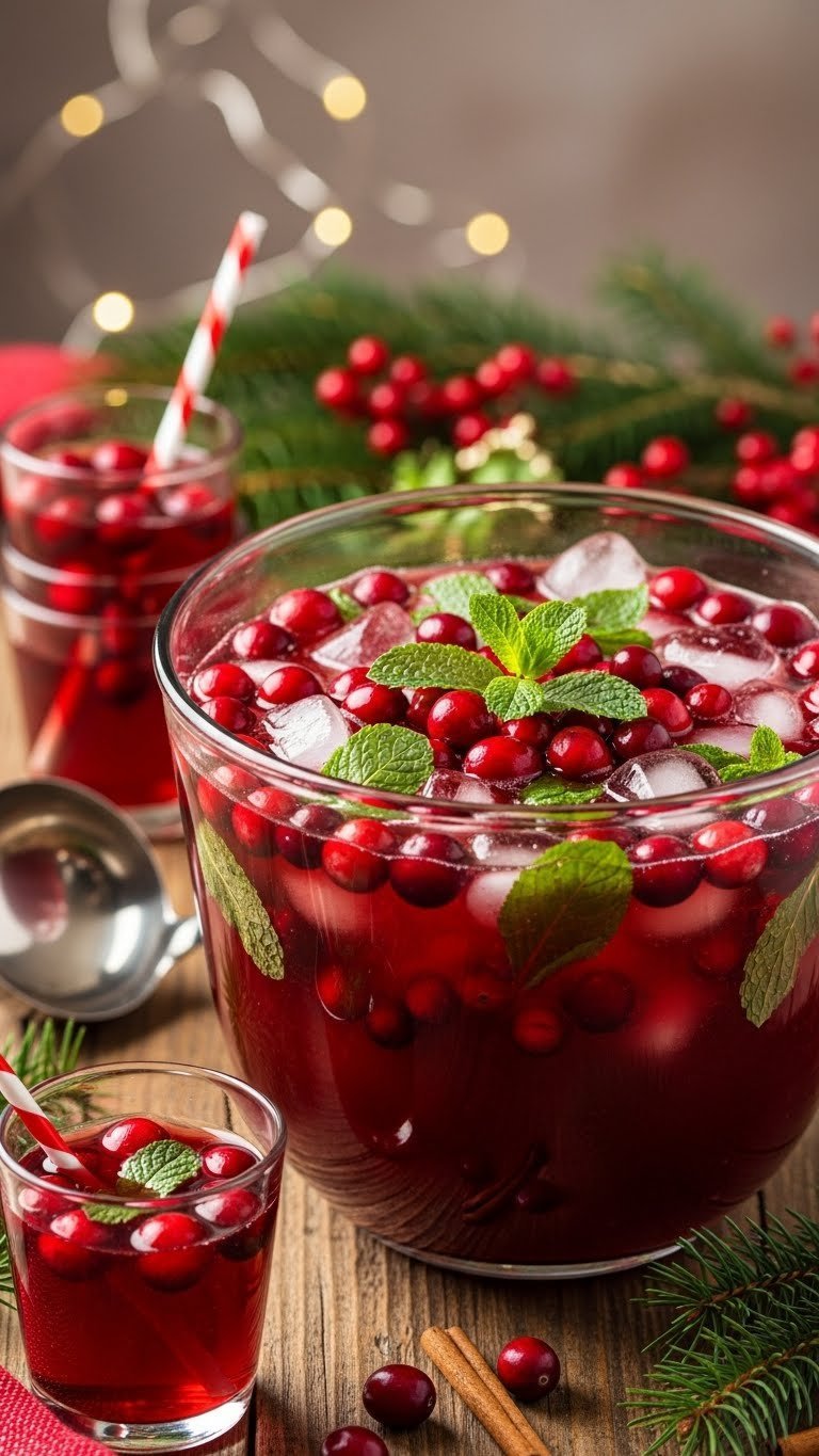 Non-Alcoholic Sprite: 9 Easy Mocktail Ideas for Any Party 5 Deep red non-alcoholic Cranberry-Mint Punch in festive bowl with fresh cranberries and mint leaves floating on rustic wooden table