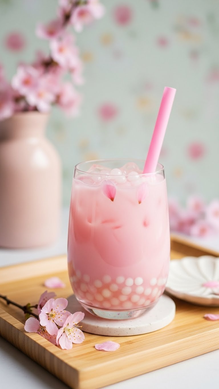 Delicate Sakura Dream boba tea with pale pink color and floating cherry blossom petals on light wooden tray