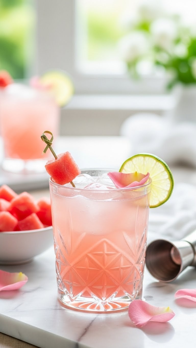 Delicate Watermelon Rose Refresher mocktail with rose petal and watermelon cube in ornate crystal tumbler