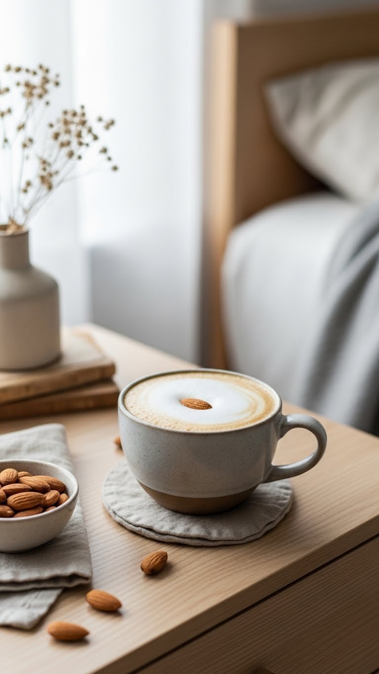 Delicate almond latte in ceramic cup with single toasted almond on foam against light wood bedside table.