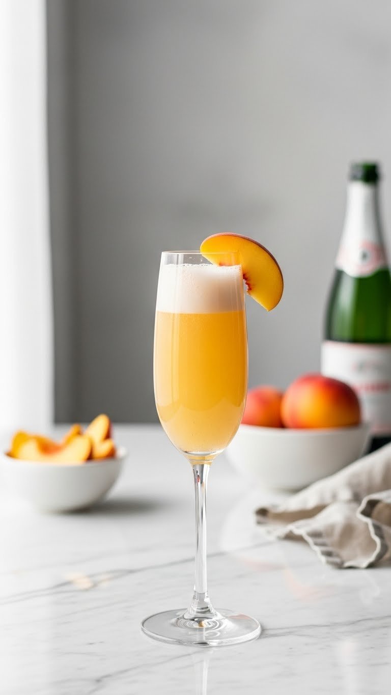 Delicate champagne flute with frothy peach Bellini mocktail, ripe peach slice on rim, and pale orange bubbles