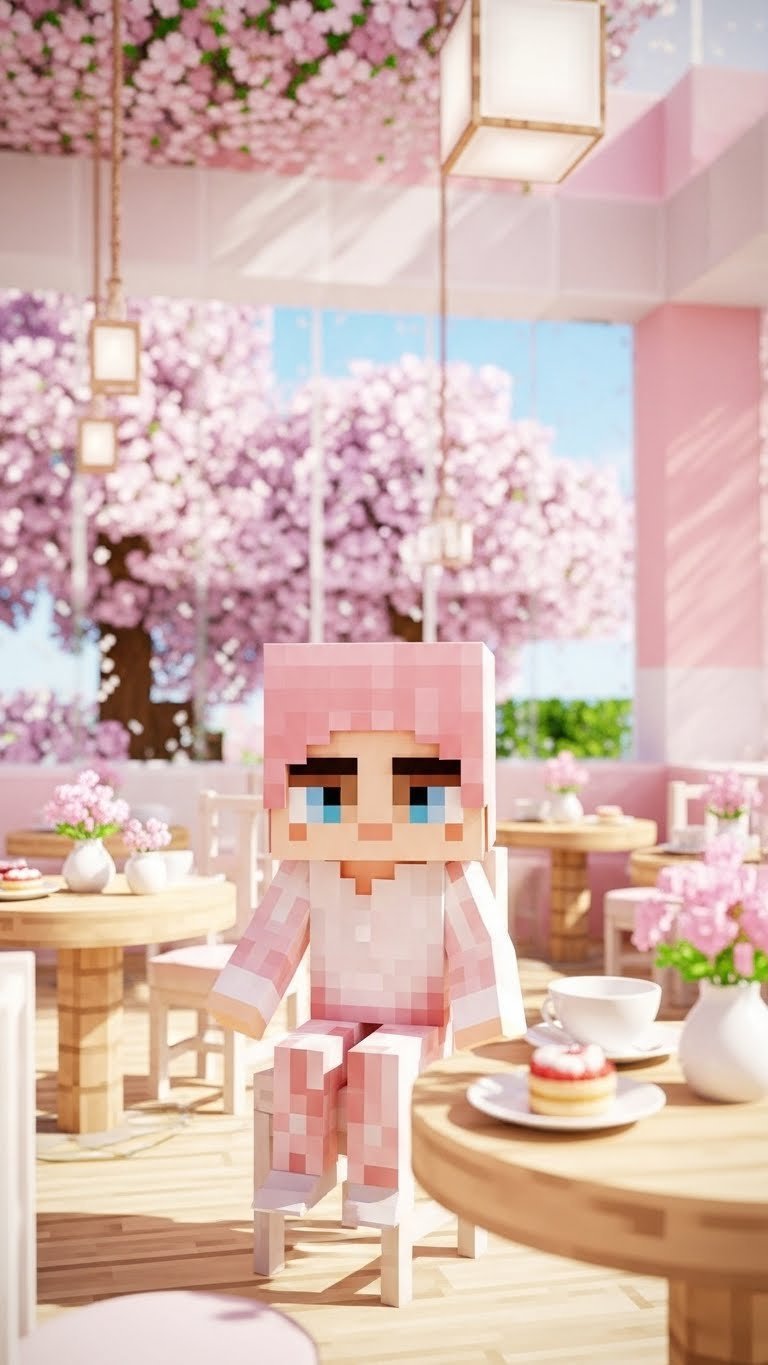 Delicate cherry blossom cafe in Minecraft featuring soft pink accents, floral decor, and light-filled interior with pastel palette