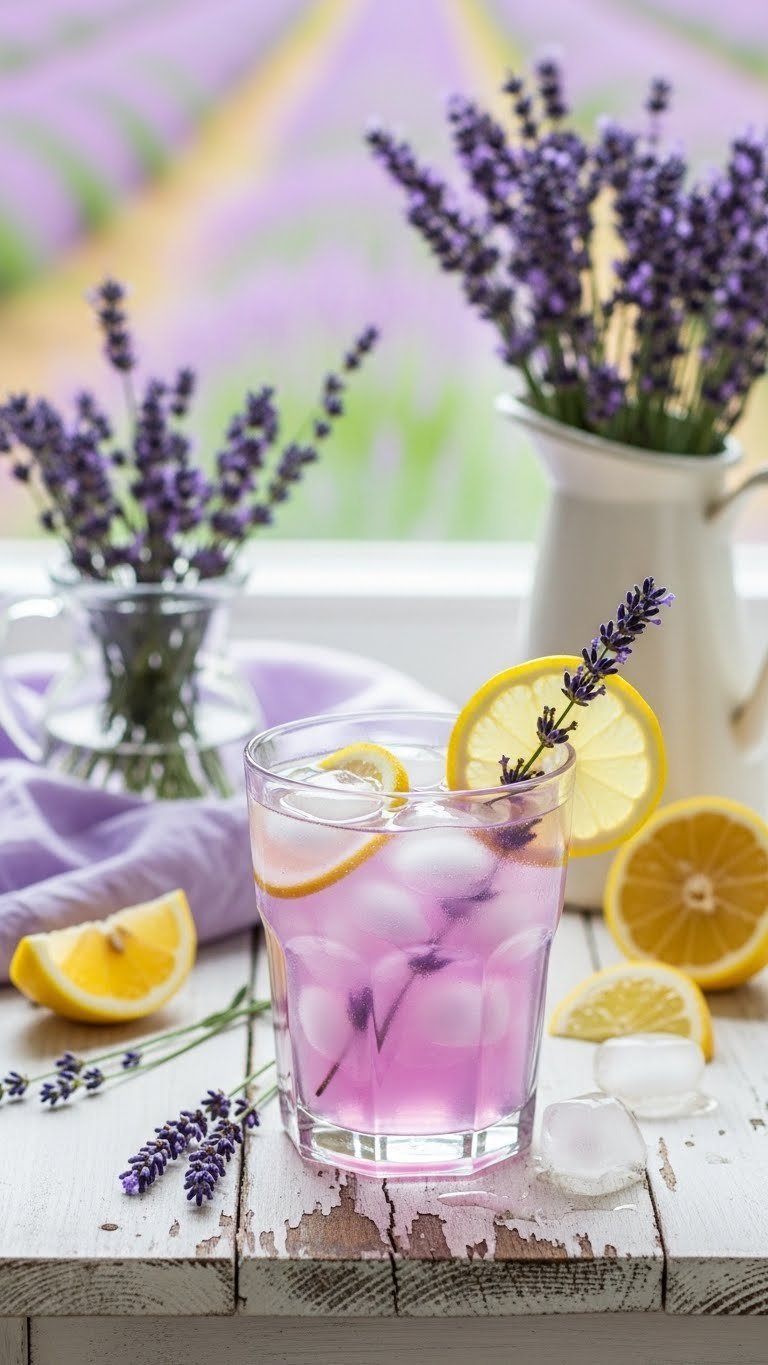 Delicate glass of pale purple lavender lemonade with ice cubes, lemon slice, and fresh lavender sprig garnish