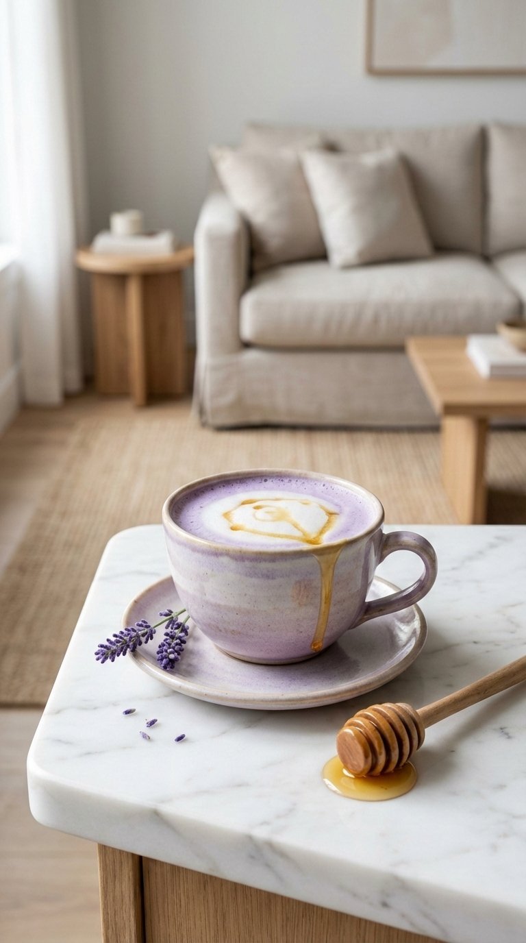 Delicate lavender honey latte in elegant ceramic cup with golden honey drizzle and fresh lavender sprig