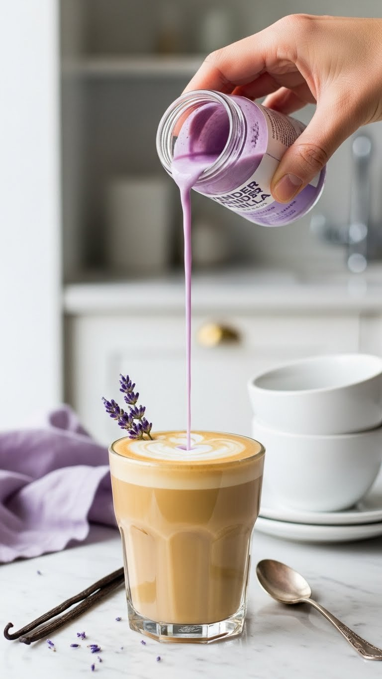 Delicate lilac lavender vanilla syrup pours into a creamy latte, garnished with a fresh lavender sprig and vanilla bean pod on a marble countertop.