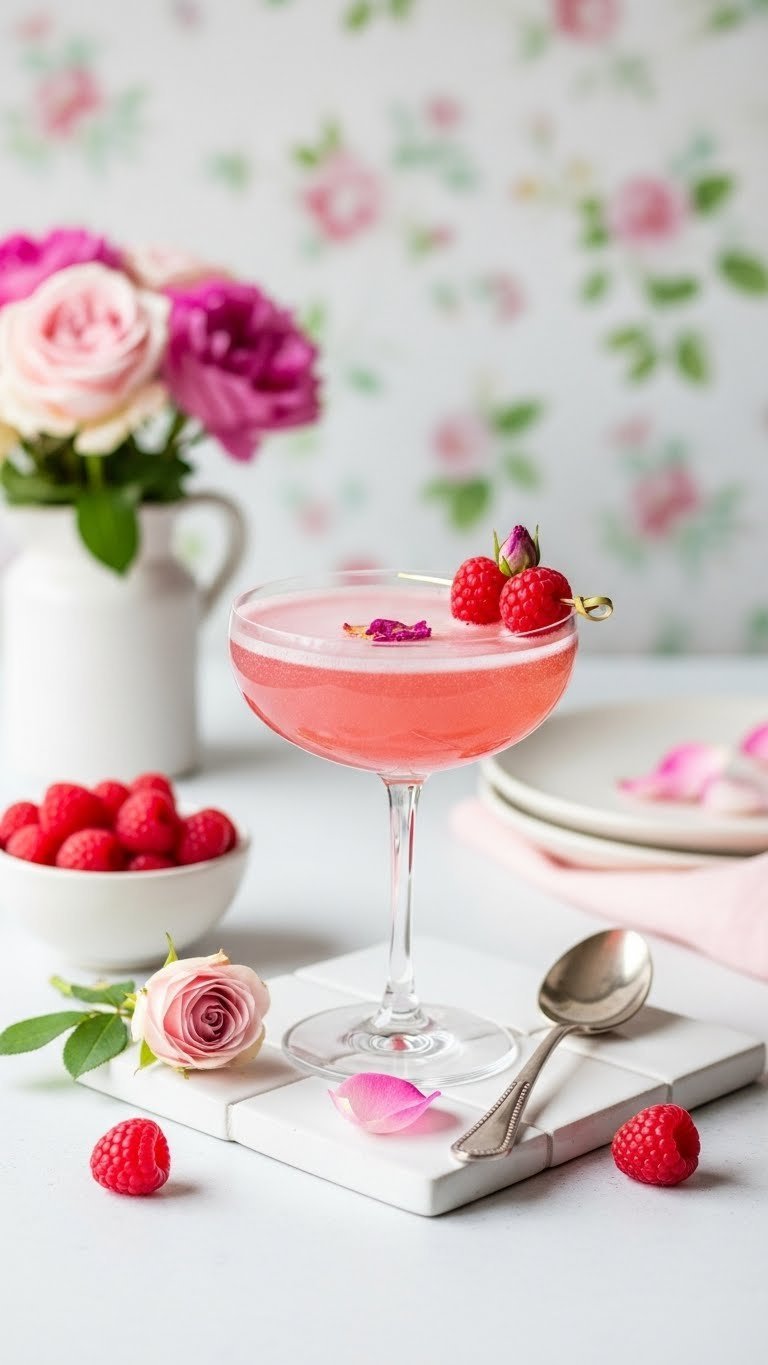 Non-Alcoholic Sprite: 9 Easy Mocktail Ideas for Any Party 15 Delicate pink non-alcoholic Raspberry Rose Refresher in elegant coupe glass with raspberries and rose petal garnish