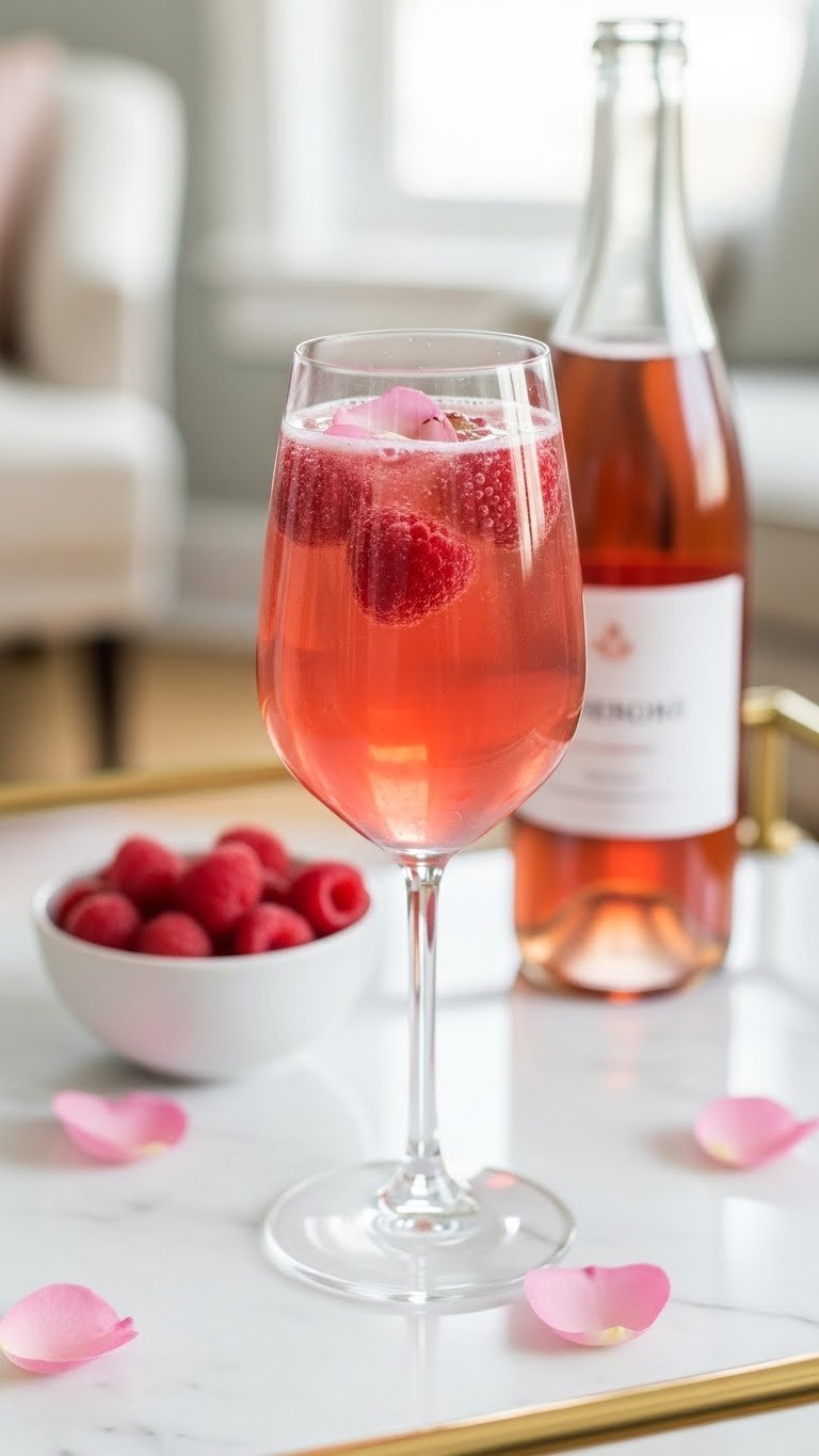 Delicate pink raspberry rosé sparkling lemonade in champagne flute with fresh raspberries and rose petals on white marble bar cart