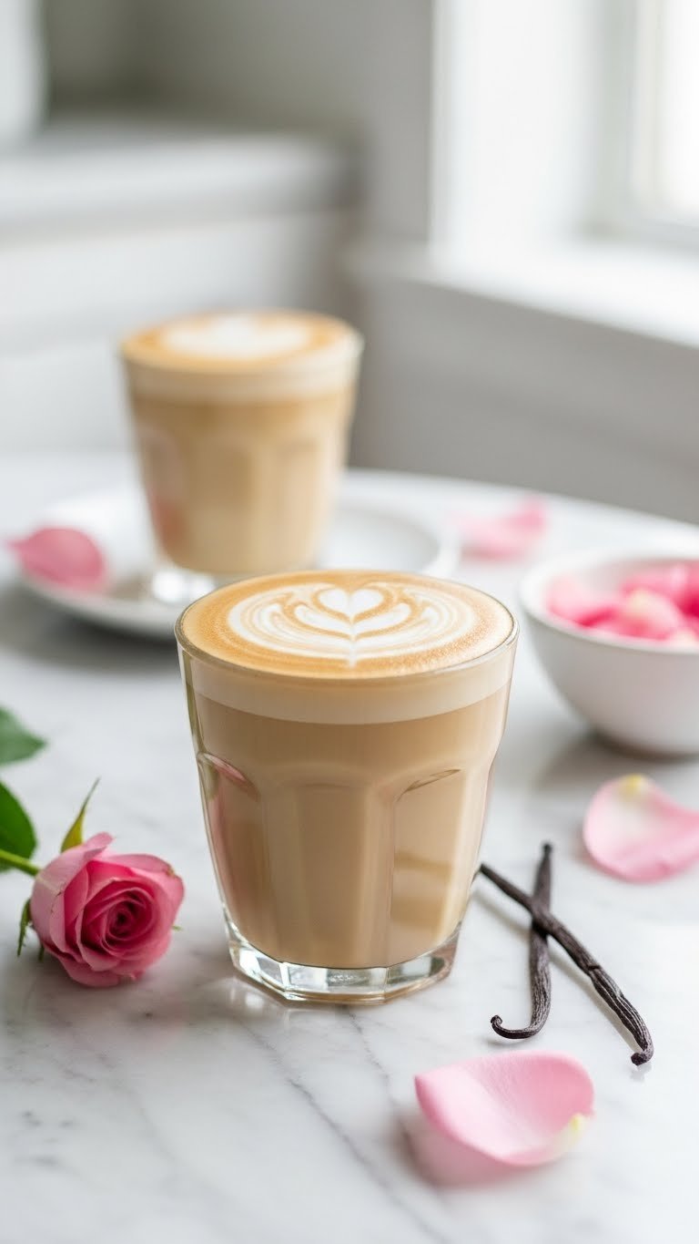 Delicate rose vanilla latte featuring intricate latte art with rose petals on marble countertop in soft lighting