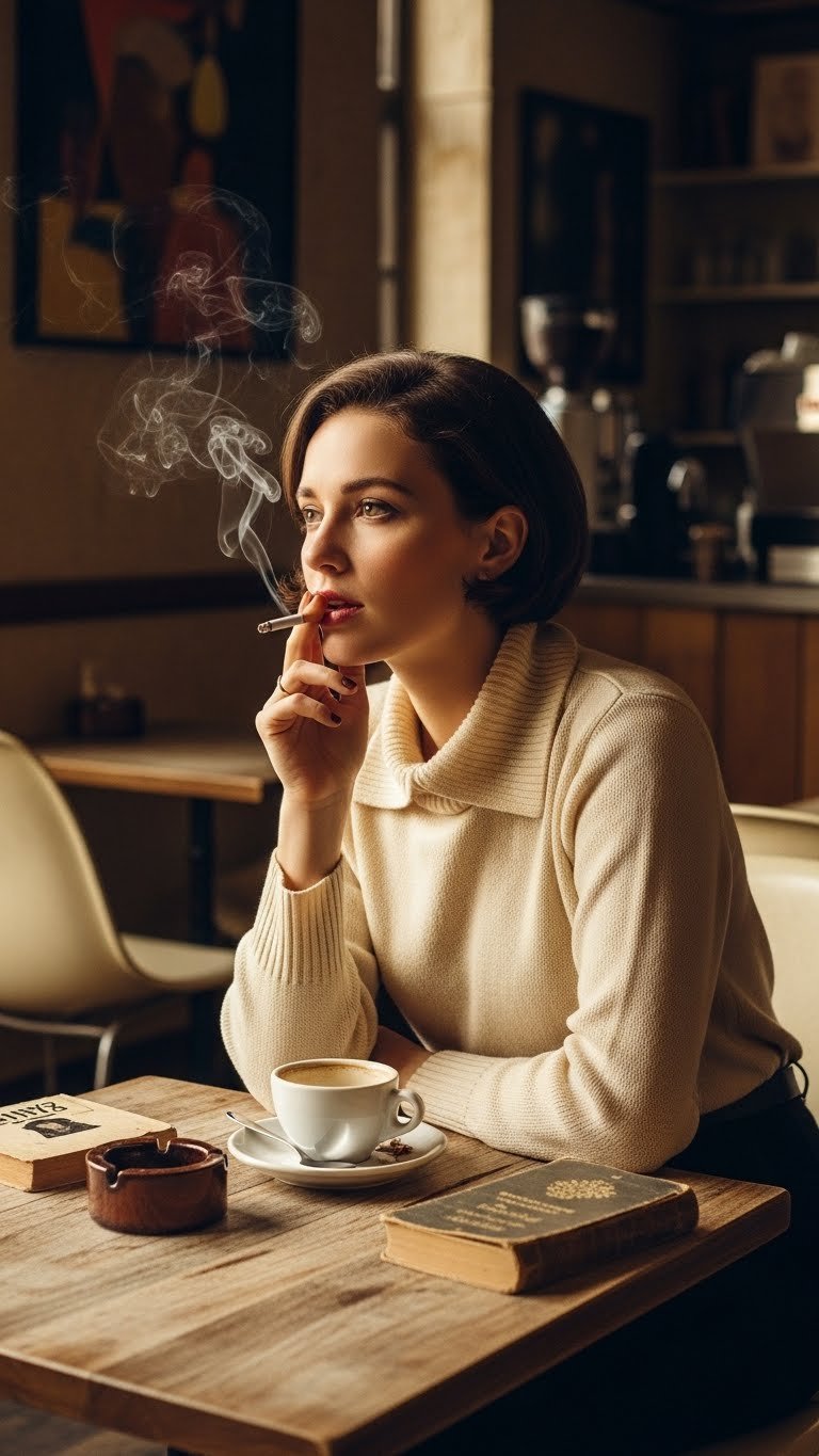 Dimly lit 1960s coffee bar interior with mid-century modern furniture and vintage espresso machine in warm golden lighting
