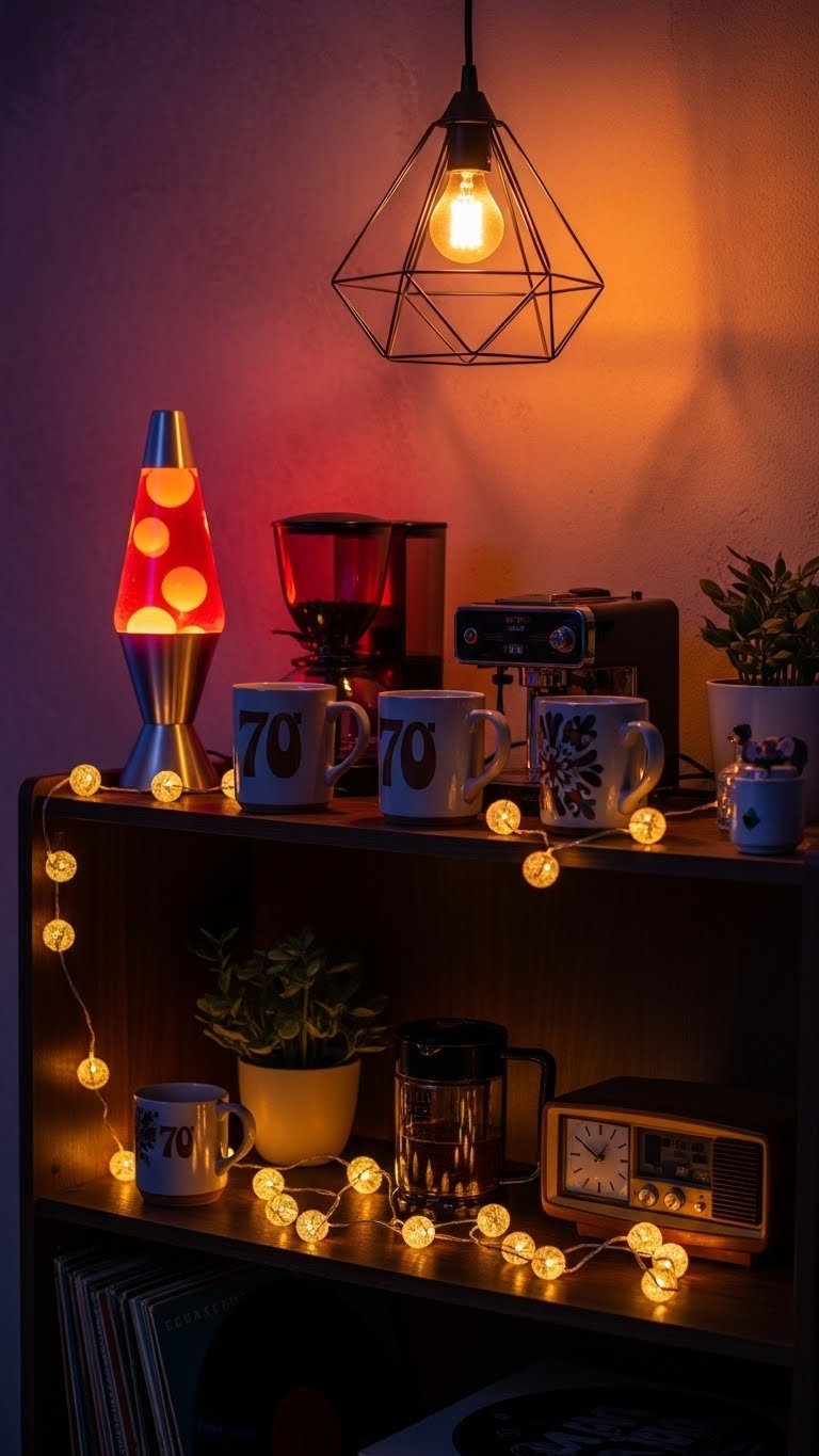 Dimly lit 70s coffee bar with glowing lava lamp casting warm light on retro ceramic mugs.