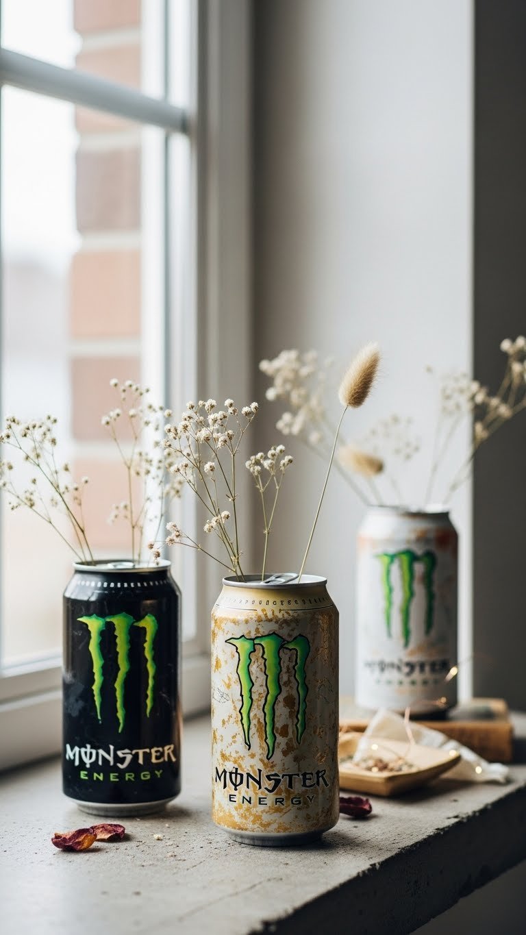 Distressed Monster Energy cans painted with chipped finish repurposed as vases holding dried flowers on raw concrete surface.