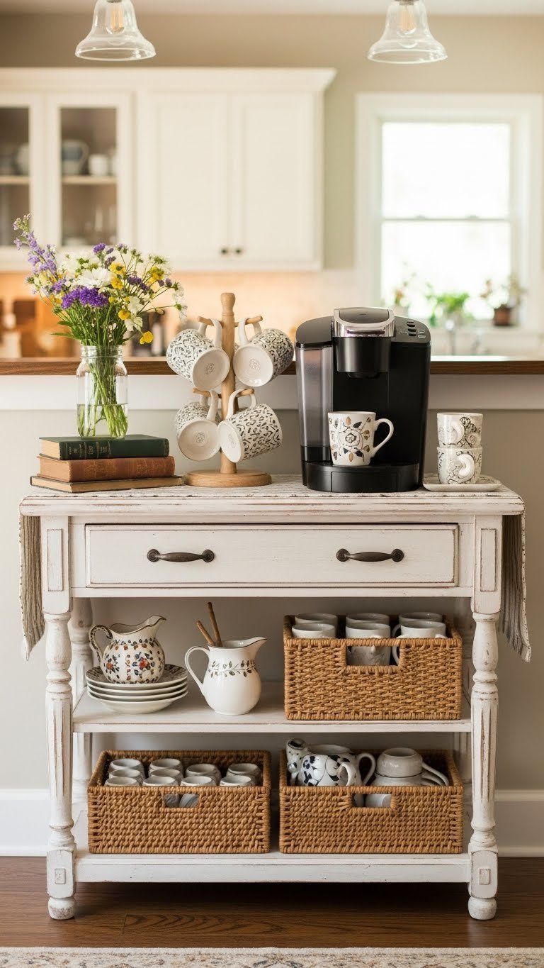 Distressed console table farmhouse coffee bar with modern coffee machine and mug tree in warm golden hour lighting