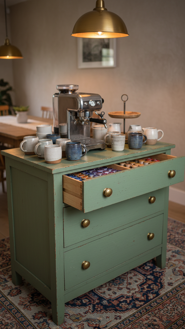 Distressed sage green dresser repurposed as rustic coffee bar with vintage espresso machine and artisanal mugs