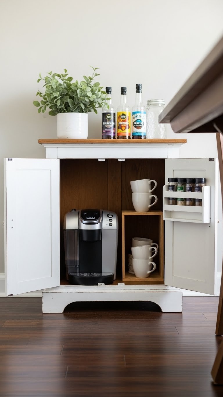 Distressed white cabinet coffee nook with compact coffee maker, mugs, and syrup rack in serene dining room corner